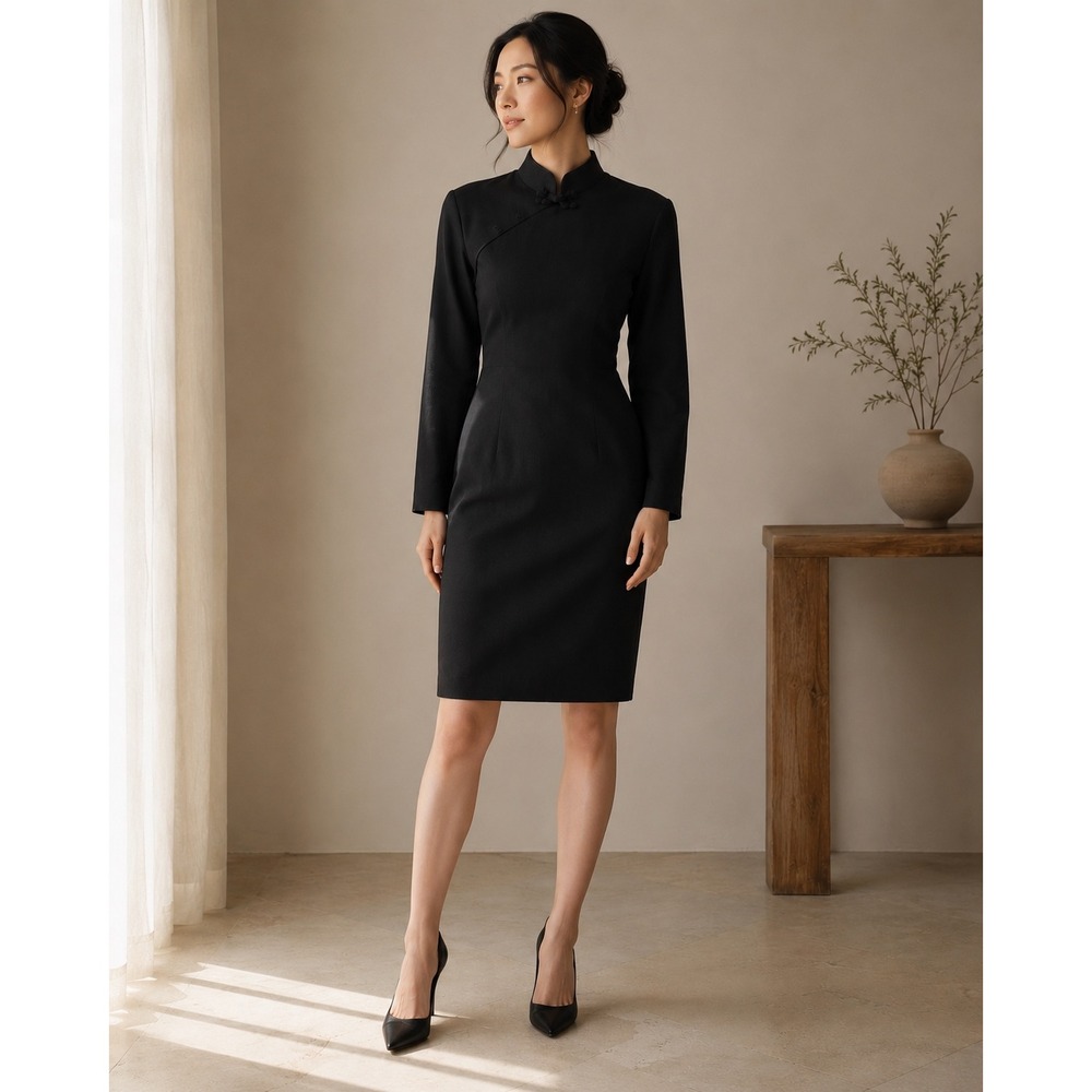 J Peterman Black Silk Mandarin Collar Frog Button Sheath Knee Length Dress Sz 6